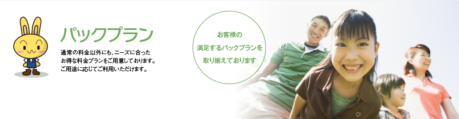 通常の料金以外にもニーズに合ったお得な料金プランをご用意しております。ご用途に応じてご利用いただけます。お客様の満足するパックプランを取り揃えております